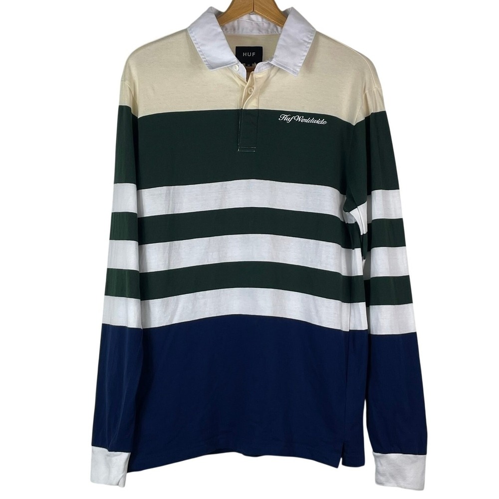 HUF Worldwide Men's Green Blue Stripe Collar Shirt Sz M Preppy Rugby Blokecore